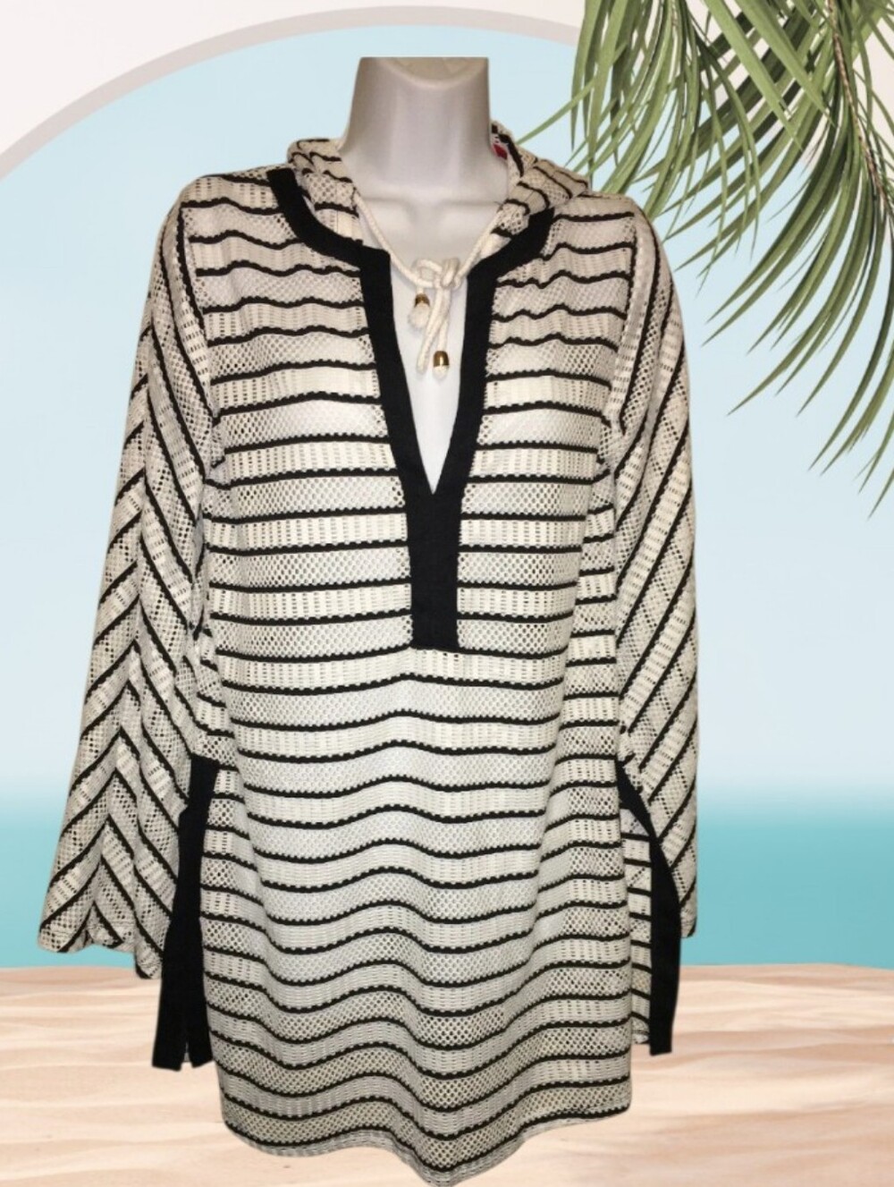 ⚓Saint Tropez West Navy&White Striped Hooded Open Knit Coverup